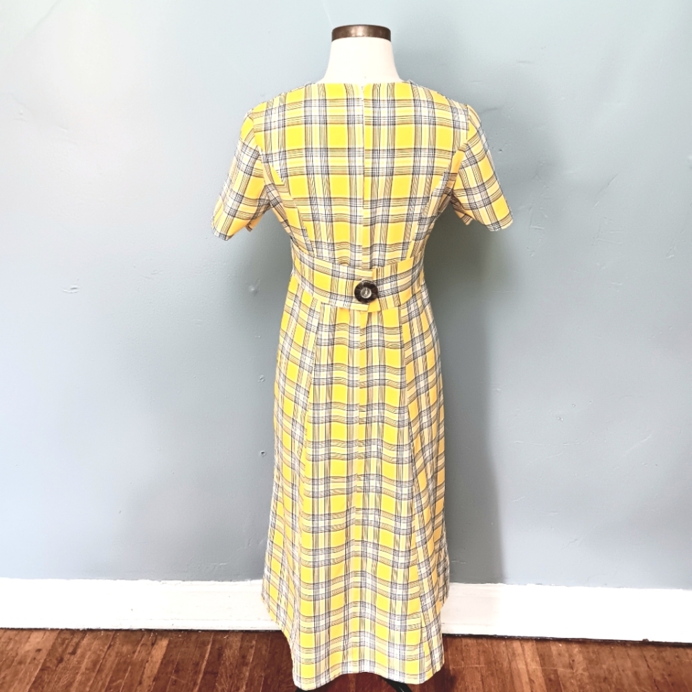 Vintage Handmade yellow plaid tie-back, zip maxi dress. Medium. - Picture 4 of 14